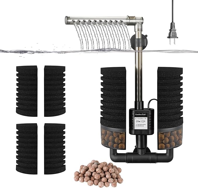 Carefree Fish Aquarium Filter with Water Pump 4 Sponges and 1 Bag of Filtered Ceramic Balls Fish Tank Quiet Filter for Salt Water and Fresh Water