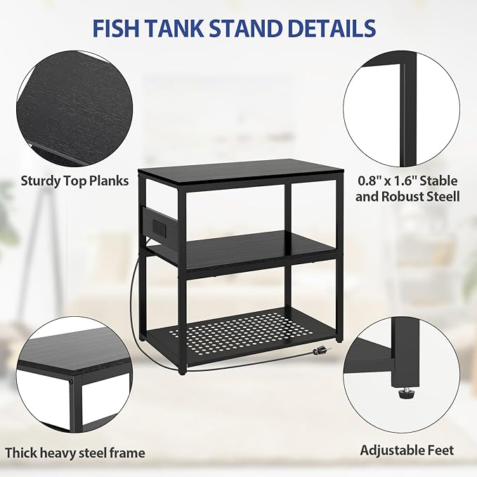 Livofloral 20-29 Gallon Fish Tank Stand with Power Outlets, 3-Tier Metal Aquarium Stand, Breeder Reptile Tank Stand with Shelf for Home Office, 660LBS Capacity, 29.5 x 15.8 x 30.1 inches, Black