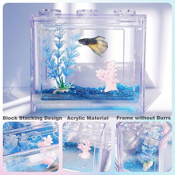 Small Betta Fish Tank, Stackable Mini Fish Tank Aquarium Tank Kit, 3/5 Gallon Rectangular Fish Bowl with Aquarium Gravel Decoration, Tiny Cube Tank for Seaweed Balls Sea Monkeys