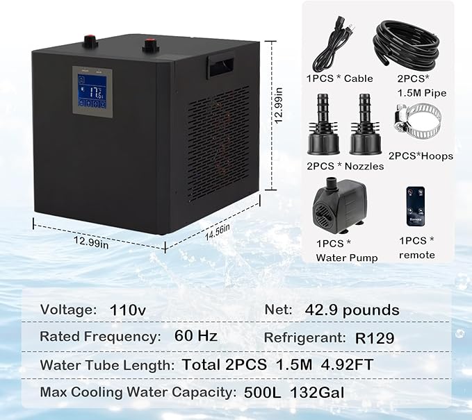 132 Gallon Aquarium Chiller,LED Display Fish Tank Chiller, 1/2 HP Active Aqua Chiller for Axolotl, Water Chiller with Pump, Nozzles and Hoops Ideal for Coral Reef Shrimp