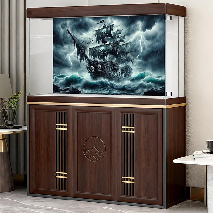 Haunted Black Pearl Pirate Ship Aquarium Background Huge Horrible Waves Lighting Ripped Sales Stormy Sea Ocean Fish Tank Background Broken Ship Skull Sail Terrarium Backgrounds for Tank Decors 36x24in