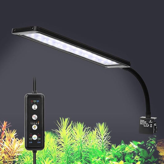 fishkeeper Clip On Aquarium LED Light, 24/7 Mode Full Spectrum Fish Tank Light with Timer, Adjustable 8 Color / 5 Brightness Simulate Sunrise-Day-Sunset-Moon for 15.74-22.83 inch Planted Tank 16W