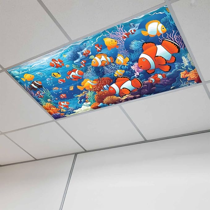 Marine Organism 1PCS Fluorescent Light Covers - Lampshade Ceiling Lights with 10 Magnets Fixtures, Underwater World Fish Coral Light Filters Cover Panel for Soften Glare Indoor Spaces Supplies