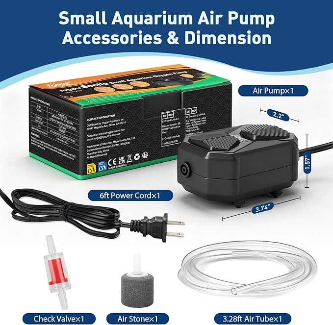 hygger Aquarium Air Pump, Ultra Quiet Oxygen Aerator with Air Stone Airline Tubing Check Valve, Aquarium Fish Tank Air Bubbler for 3 to 79 Gallon Tank and Bucket