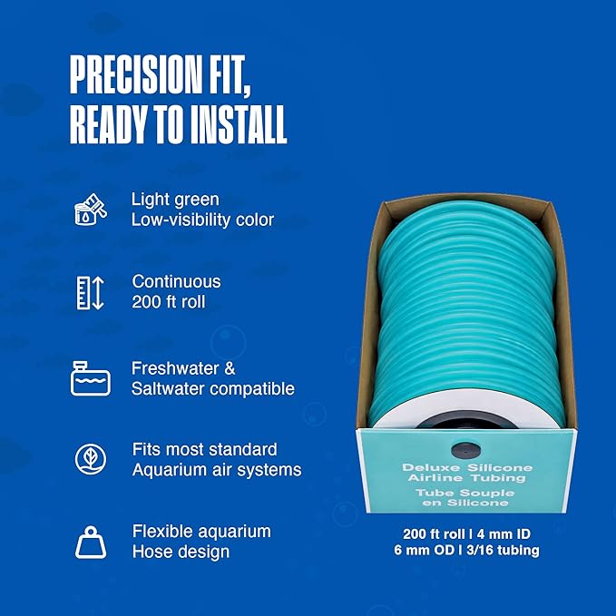 Penn-Plax Aqua-Life Deluxe Silicone Airline Tubing - 3/16 Inch Flexible Airline Hose for Aquarium Pumps, Fish Tank Line for Air Stones & Filters - Safe for Freshwater & Saltwater - 200 ft Long, Green