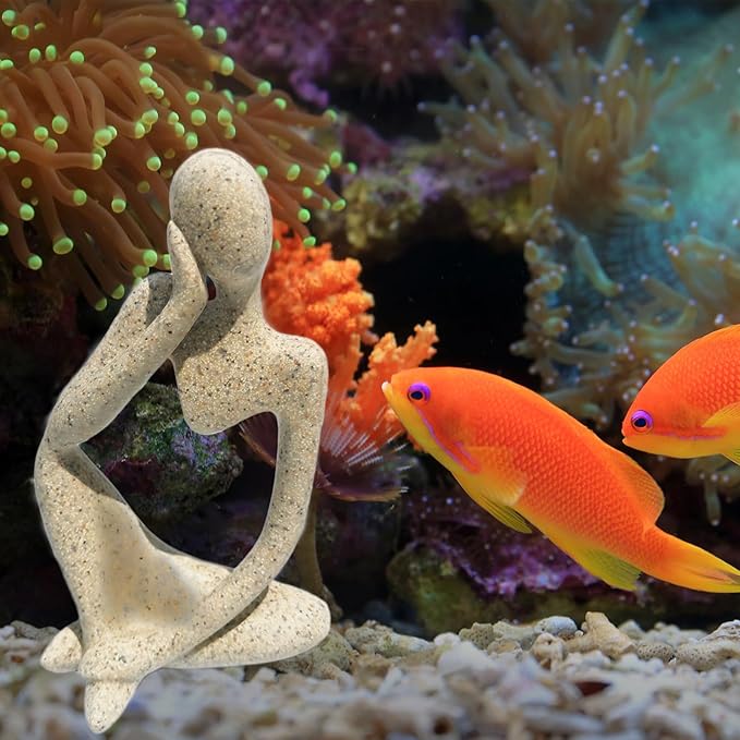 Sandstone Meditating Statue Fish Tank Decorations Betta Fish Aquarium Ornaments Small Thinker Statue Decorative Accessories for Underwater Landscaping Home Garden Décor