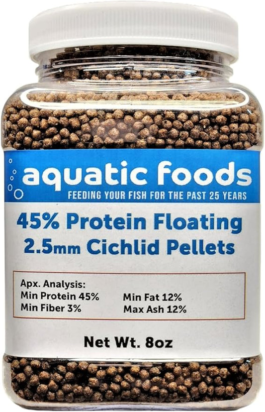 Cichlid Pellets, 45% Protein Floating 2.5mm (3/32") Pellets for Smaller Discus,Oscars, Central American, South American Cichlids…8oz Small Jar