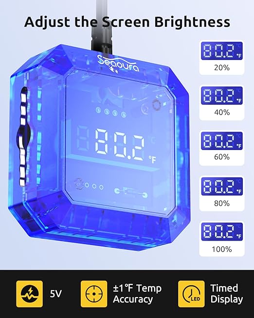 Aquarium Thermometer Submersible, Digital Fish Tank Thermometers with USB for GlassTank, Aquariums Temperature Gauge ±1℉ Accurate, Suitable for Fish, Turtle, Saltwater or Freshwater, 6.56ft Power Cord