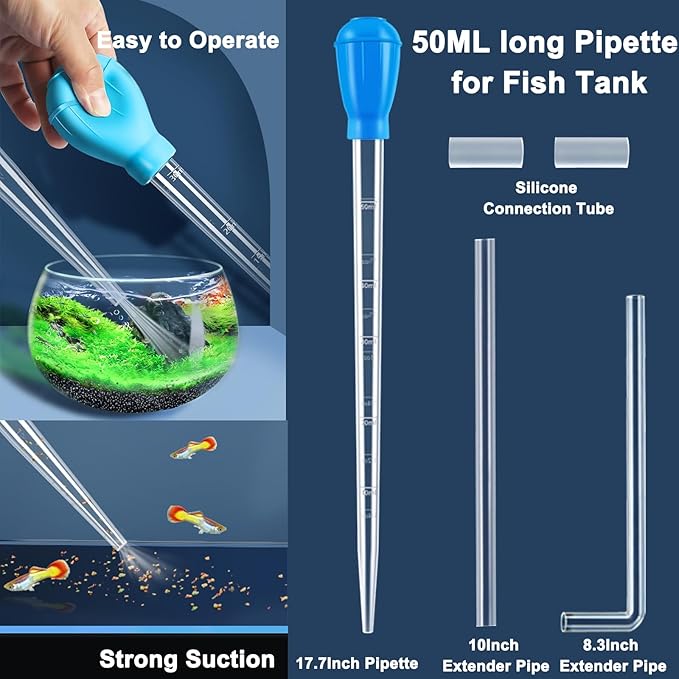 Extra Long Turkey Baster for Aquarium, 27.7 Inch Aquarium Coral Feeder, 50ml Aquarium Water Changer Siphon with 2 Pieces Extension Tubes for Fish Tank Cleaning