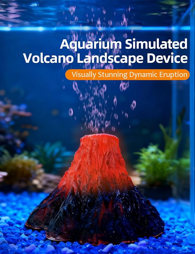 Aquarium Volcano Ornament Kit,Bubbler Decoration for Fish Tank Resin Volcanic Decoration with Air Stone Bubbler Colorful LED Light