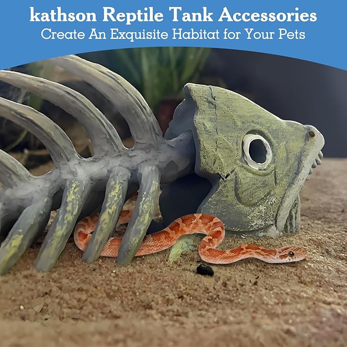 kathson Fish Tank Decorations Resin Piranha Skeleton Aquarium Decor Reptile Tank Accessories Ornament Fish Bone Hideout for Shrimp Lizards Geckos Spiders