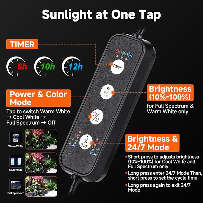 fishkeeper Clip On Aquarium Light, 24/7 Fish Tank Light with Timer, DIY 3 Colors & 10 Brightness Full Spectrum Aquarium LED Lights with Adjustable Metal Clamp for Freshwater Plants Fish Tanks (80W)
