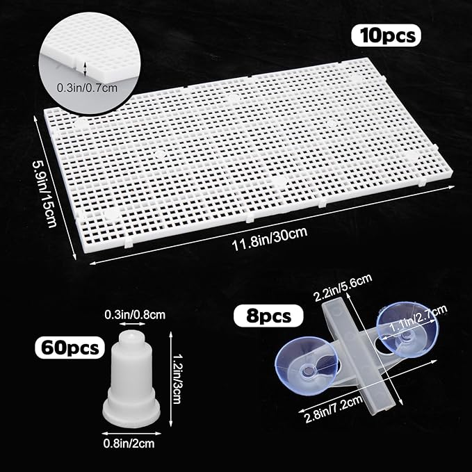 10 Pieces High-Density Aquarium Grid Plastic, Fish Tank Divider with 60 Brackets and 8 Suction Cups, Plastic Egg Crate Grid for DIY Fish Tank Separation and Bottom Protection in Aquascaping