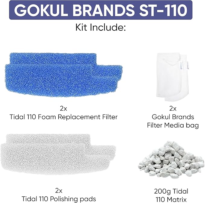 Tidal 110 Filter Maintenance and Replacement Filter Media Kit, Including Gokul Brands Aquarium Filter Media Bags (Tidal 110 Polishing Pads, Foam Filter Sponge, Matrix bio Media)