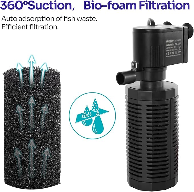 Yaubay Aquarium Internal Filter for 10-50 Gallon Tanks and 4 PCS Sponge Foam Filter Accessories