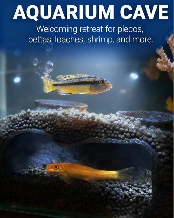 Dual-Entrance Rock-Texture Cave – Fish Tank Decor & Aquarium Cave with 2 Tunnels, Pleco Cave 6×3.4×2.3in