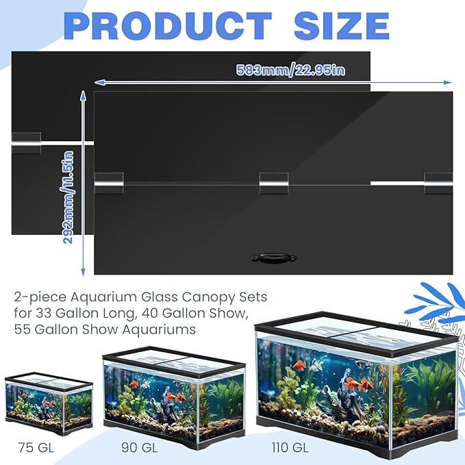 Sieral Aquarium Lids Polycarbonate Canopy 2 Pieces Set 22.95 x 11.5 x 0.12 inch for 33/40/55 Gallon with Center Brace Aquariums Cover Fish Tank Lid with a Hook Knife, Black