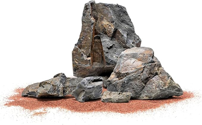 SubstrateSource Natural Aquarium Stones - Angular Dark Brown & Rust-Toned Decorative Rocks w/Layered Texture - Freshwater Aquascaping, Betta Fish Tank, Reptile Enclosure, Hermit Crab - Ancient, 30 LB