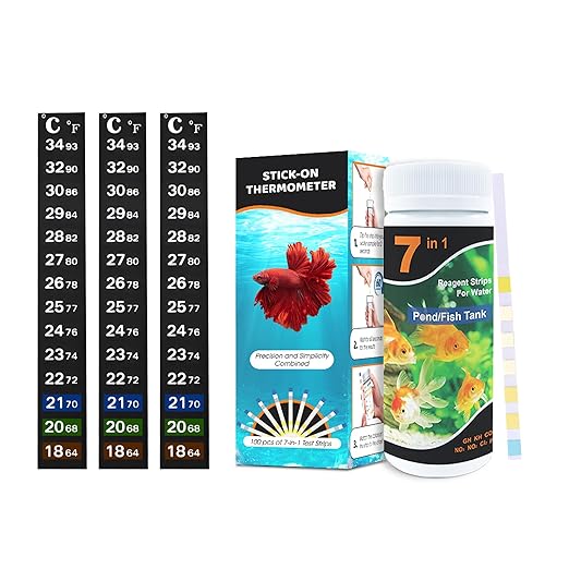 SunGrow Test Kit for Aquarium, Accurate Water Quality Monitoring, Essential Tool for Fish Keepers and Tank Maintenance, 1 Bottle with 100 Strips & 3-Piece Sticker Thermometer, 1 Set Per Pack