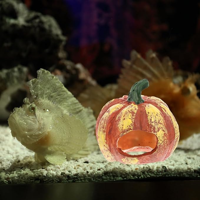 LIOOBO Fish Shrimp Hideout House Thanksgiving Fish Tank Aquarium Decor Pumpkin House Cave Betta Toys Thanksgiving Day Decor Terrarium Ornament Resin Rock