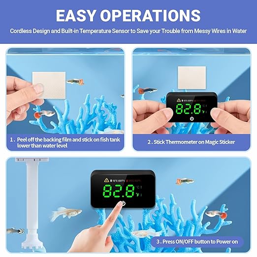 MoonOrange Digital Aquarium Thermometer, Stick-on Fish Tank Thermometer with LED Display, Wireless Aquarium Temperature Measurement with Battery-Change Tool and Extra Sticker.(Black*2)