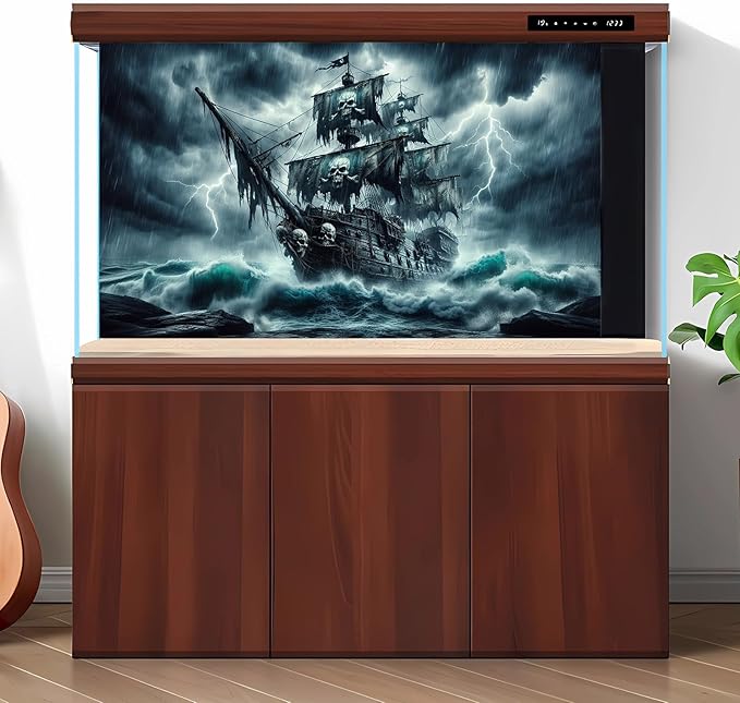Haunted Black Pearl Pirate Ship Aquarium Background Huge Horrible Waves Lighting Ripped Sales Stormy Sea Ocean Fish Tank Background Broken Ship Skull Sail Terrarium Backgrounds for Tank Decors 72x24in