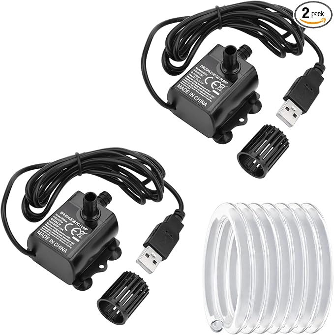 80GPH 5W USB Mini Water Pump With 2M(6.6ft) Clear Tube,300L/H durable fountain water pump for Pond Fountain, Aquariums Fish Tank, Statuary, Hydroponic 2-Pcs