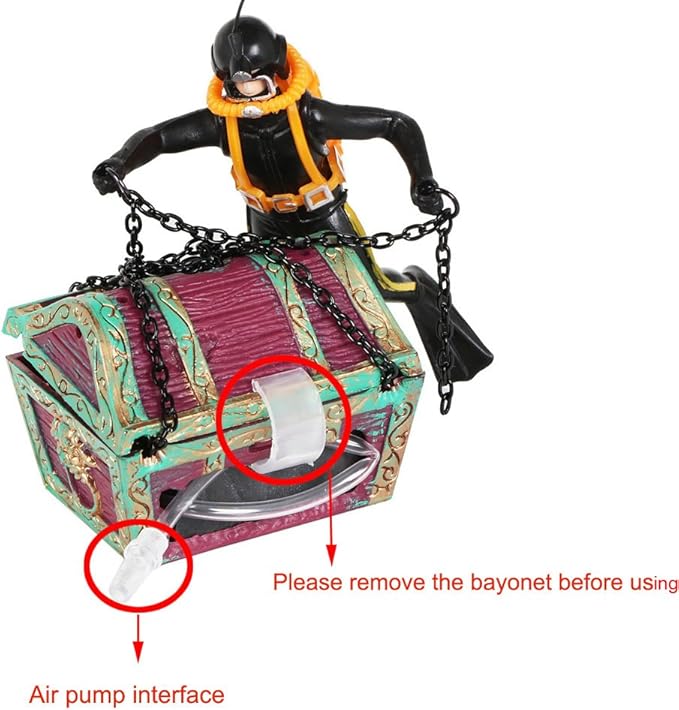 Action Aquarium Ornament, Undersea Treasure Chest Diver, Live-Action Aerating Fish Tank Decorations Resin