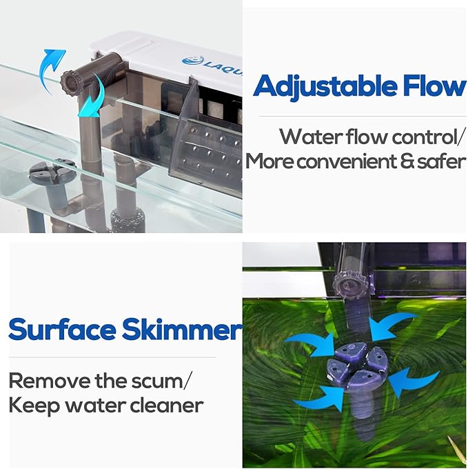 LAQUAL Aquarium Filter with Surface Skimmer, 30-50 Gallon Small Fish Tank Filter, Full Contact & 3 Layer Filtration, Quiet & Efficient, Waterfall Design for Increasing Oxygen, Hang on Back Filter