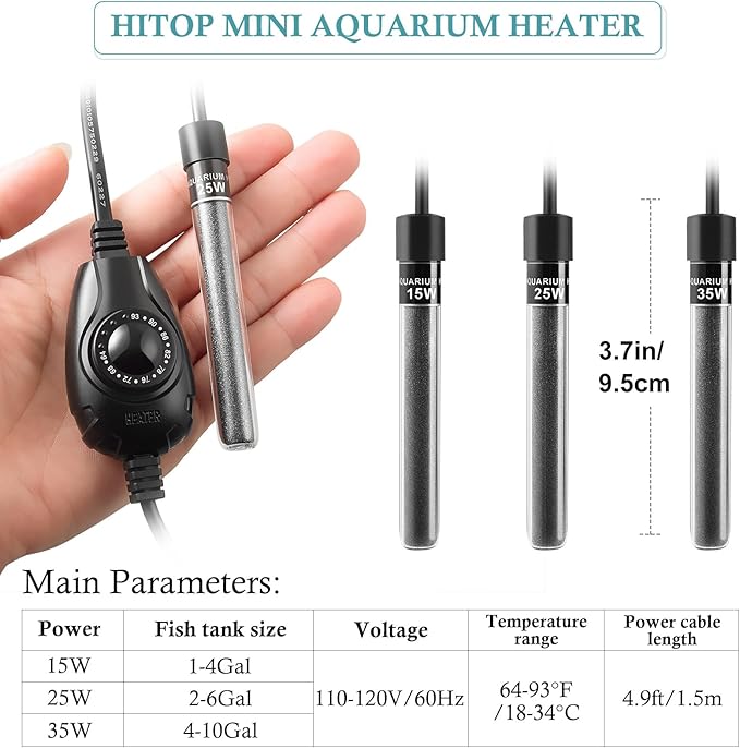 HITOP 15W Super Mini Aquarium Heater: Adjustable Heater for Small Fish Tank 1-4Gallons, with External Controller, Betta Heater for Fish Bowls(15W)