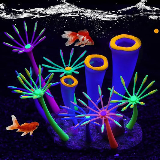 Glowing Effect Aquarium Fish Tank Decorations, Silicone Artificial Soft Anemone Coral Plants Ornaments for Aquarium Decor Landscape, Glow in Dark Fish Tank Accessories Decorations(Orange)