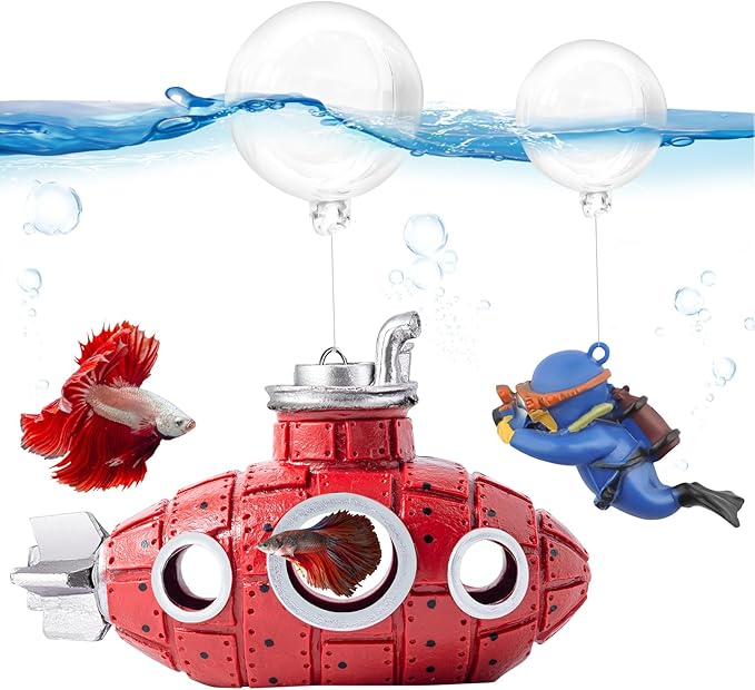 CousDUoBe New Upgrade Floating Fish Tank Decoration, Cute Retro Submarine Set and Floating Diver,Three Float Balls, Aquarium Decorations Resinous Betta Fish Tank Accessories