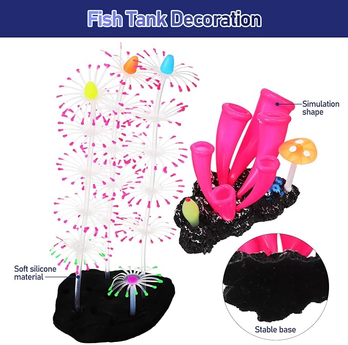 POPETPOP Glow in the Dark Fish Tank Decorations 2Pcs Artificial Coral Ornaments Silicone Aquarium Plants for Reef Decor 3.46X3.34X2.16In Safe Non-Toxic Aquarium Glow Decorations