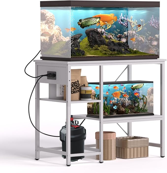 BEURUKU 40-50 Gallon Fish Tank Stand With Power Outlet & LED Light, Metal Aquarium Stand, 3 Tier Adjustable Storage Shelves for Reptile, Turtle, 36" L*18.5" W, White