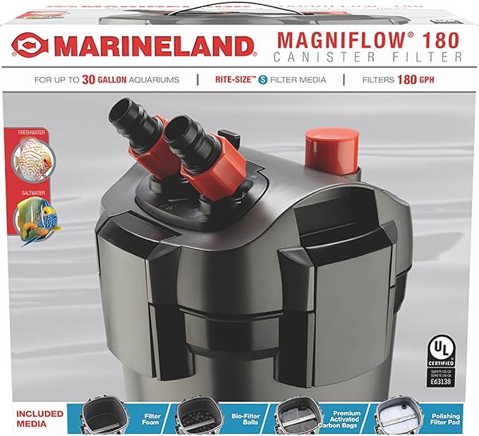 Marineland Magniflow 180 Canister Filter For Freshwater, Saltwater Aquariums Provides 3-Stage Mechanical, Chemical And Biological Filtration For a Clean Tank, With Rite-Size S Filter Media, 1 Count