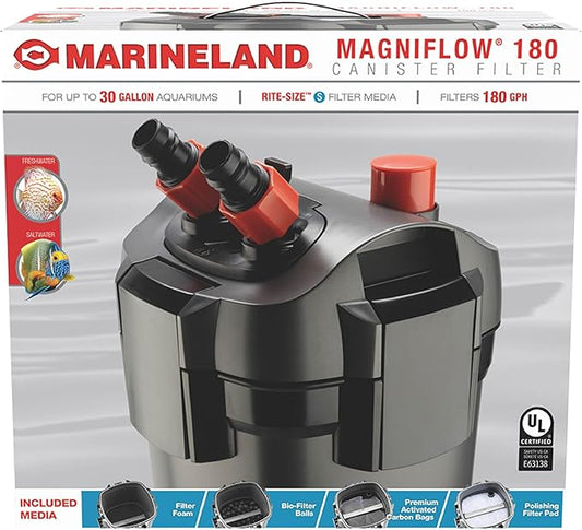 Marineland Magniflow 180 Canister Filter For Freshwater, Saltwater Aquariums Provides 3-Stage Mechanical, Chemical And Biological Filtration For a Clean Tank, With Rite-Size S Filter Media, 1 Count