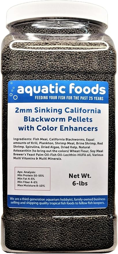 2mm Sinking Blackworm Pellets with Color Enhancers & Vitamins for Shrimp, Snails, Crayfish, Catfish, All Bottom Grazers, Small Discus, Cichlids, Community Fish, Tropical and Pond Fish…6-lb Lg Jar