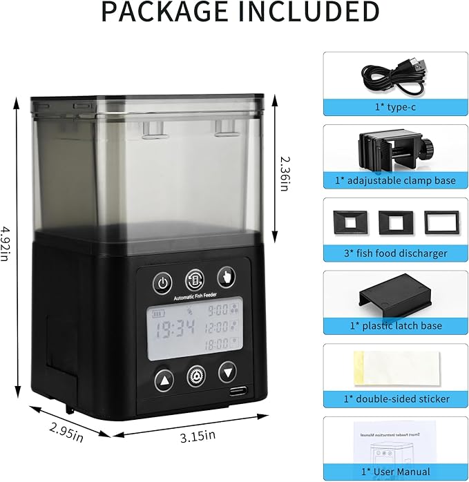 Podazz Automatic Fish Feeder for Aquarium with Timer, LCD Display 320ML Large Capacity Adjustable Fish Dispenser, Operated Feeders for Goldfish, Turtle for Vacation, Weekend or Daily Use(Black)