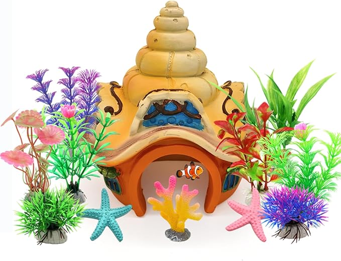 Fish Tank Decorations kit, Aquarium Decor Sea Shell House x 1pc, Fish Tank Accessories Aquatic Plants x 8pcs, Starfish x 2pcs, Coral x 1pcs.