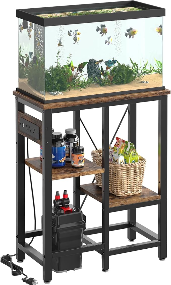Bestier 10 Gallon Fish Tank Stand with Power Outlet, 20.3x10.6 Metal Aquarium Stand with Filter Storage, 6-Leg Reptile Tank Stand with 3-Tier Adjustable Storage Shelves, 264LBS Capacity，Rustic Brown