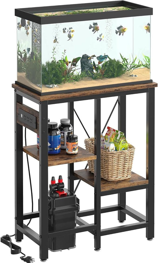 Bestier 10 Gallon Fish Tank Stand with Power Outlet, 20.3x10.6 Metal Aquarium Stand with Filter Storage, 6-Leg Reptile Tank Stand with 3-Tier Adjustable Storage Shelves, 264LBS Capacity，Rustic Brown