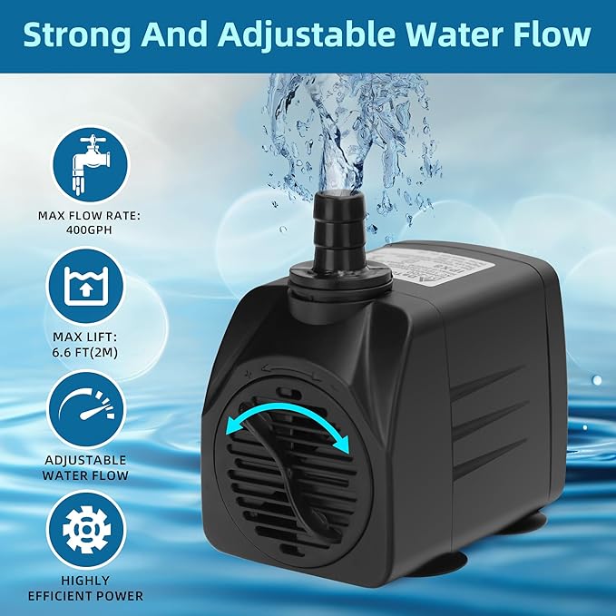 DaToo Mini Submersible Fountain Water Pump With LED Light 400GPH 25W Small Ultra Quiet Water Pump With Tubing For Aquarium Fish Tank Outdoor Pond Water Feature Fountain Statuary