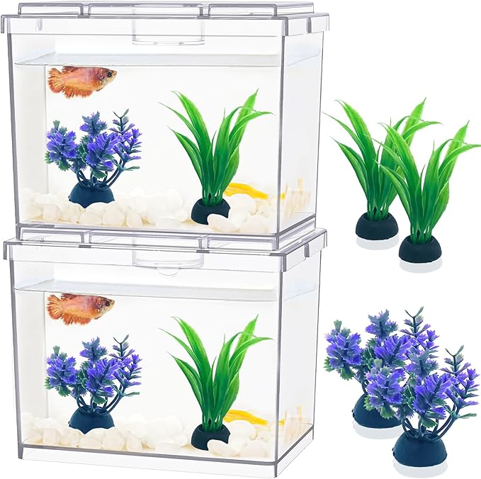 MoonOrange Mini Betta Fish Tank, Small Fish Bowl for Temporary Space, 0.2 Gallon Stackable Cube Tank with Artificial Plants and Gravels for Small Fish, Insect, Shrimp, Crab, Spider. (Pack-2)