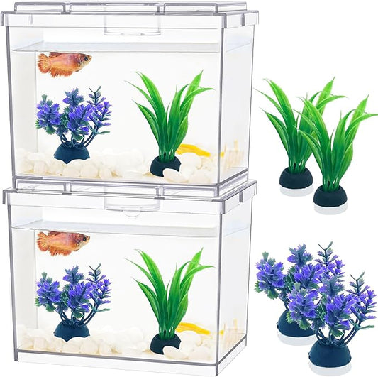 MoonOrange Mini Betta Fish Tank, Small Fish Bowl for Temporary Space, 0.2 Gallon Stackable Cube Tank with Artificial Plants and Gravels for Small Fish, Insect, Shrimp, Crab, Spider. (Pack-2)