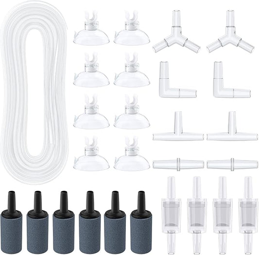 Pawfly Aquarium 25 Feet Airline Tubing Standard Air Pump Accessories Set with Air Stone Cylinders Connectors Suction Cups and Check Valves for Fish Tank Aeration Setup