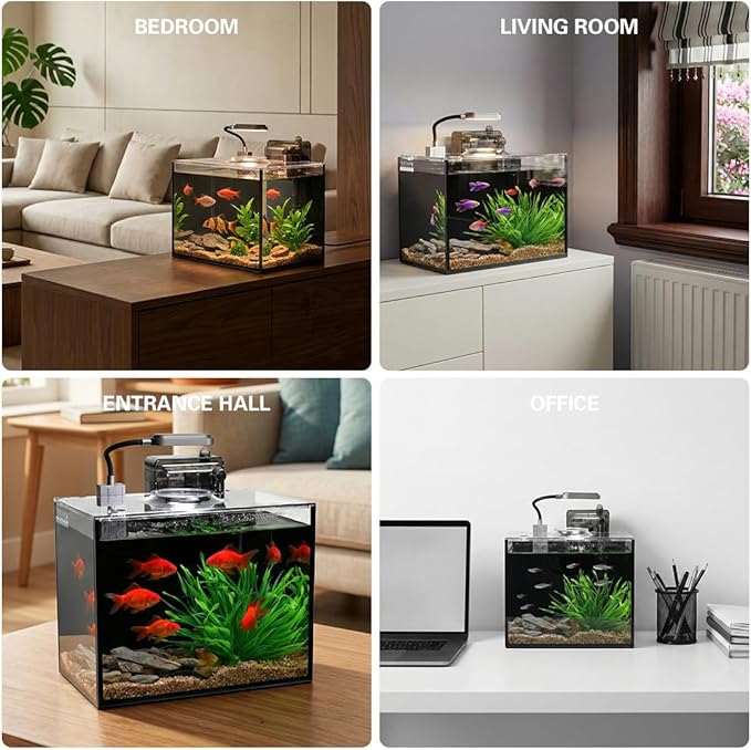 Betta Fish Tank,Aquarium Starter kit,2.8 Gallon Fish Tank Kit,Small Aquarium,Small Fish Tank,Ultra-Clear Nano Aquarium with Light,Filter,Cobblestone,Sand and Artificial Plants