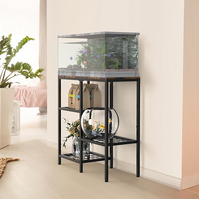 20 Gallon Aquarium Stand, 3 Tier Metal Fish Tank Stand with Shelves, Reptile Tank Stand for Accessories Storage, Turtle Terrarium Stand for Home Office,29.13" L x 12.2" W Tabletop, Brown