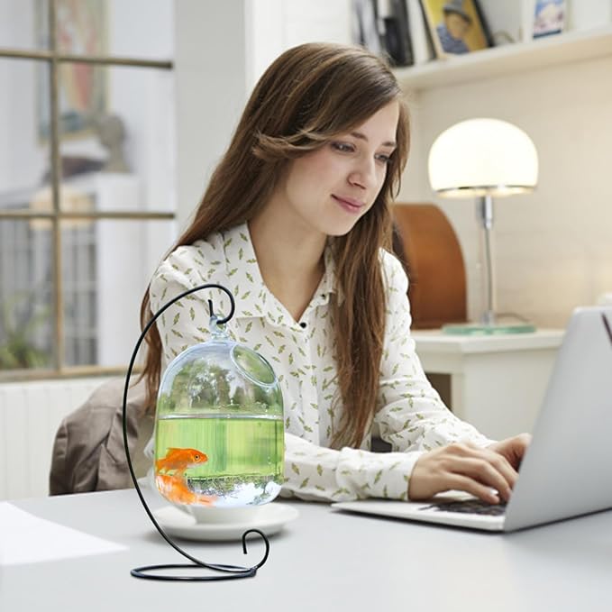 Hanging Fish Bowl with Stand, Transparent Mini Fish Tank Bowl, Space-Saving Impermeable Construction Glass Vase Aquarium for Home, Office Accessory