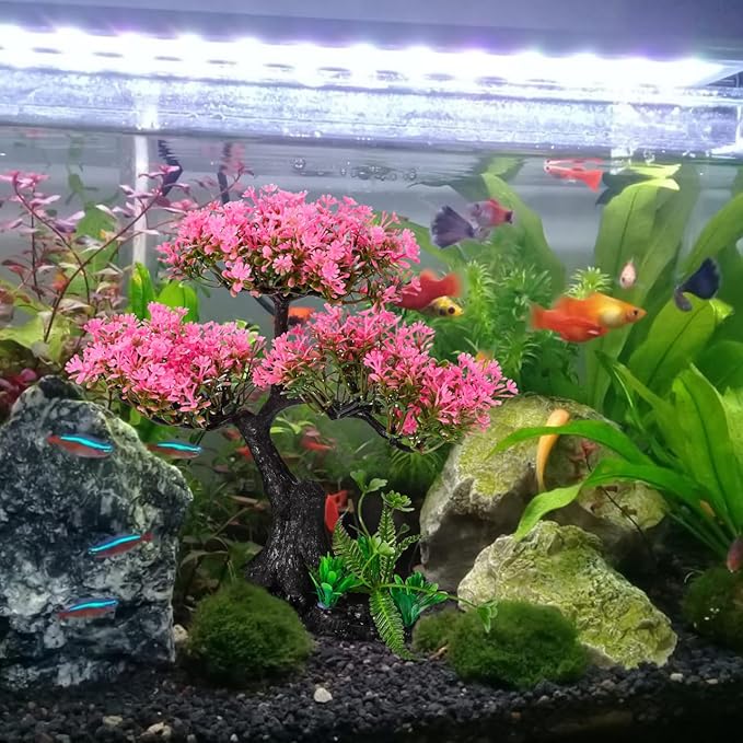 Plastic Aquarium Plants for Fish Tank, Realistic Cherry Blossom Tree & Green Water Grass, Safe for Your Aquatic Pets and Water Quality, Lifelike Artificial Plants for Nature Underwater Landscape