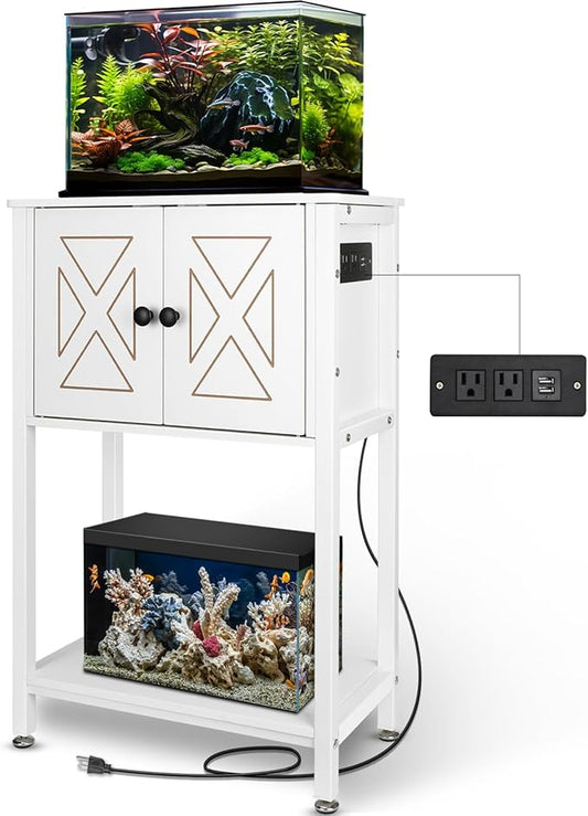 BEURUKU 5-10 Gallon Fish Tank Stand, Heavy Duty Aquarium Stand with Cabinet & Power Outlets for Fish Tank Accessories Storage, Double Reptile Terrarium Stand 20.5" L* 11" W Tabletop, White